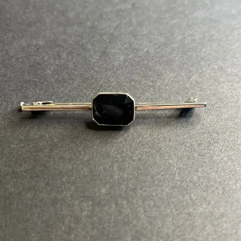 Vintage Sterling Silver .835 Black Onyx Stone Bar Brooch Stick Pin Scarf Necktie